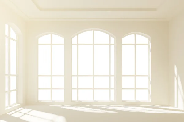 Slunné bílé podkroví interiér s velkými okny — Stock fotografie