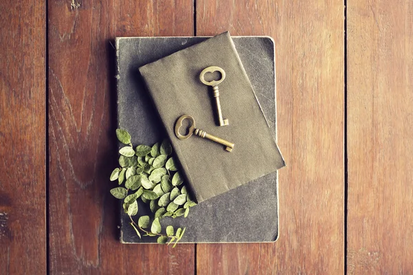 Pamiętnik i klucze na stole — Zdjęcie stockowe