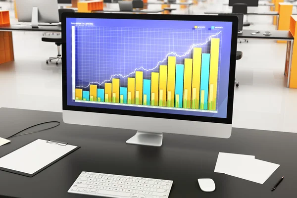 Gráfico de negócios na área de trabalho do computador com papéis em branco em t — Fotografia de Stock