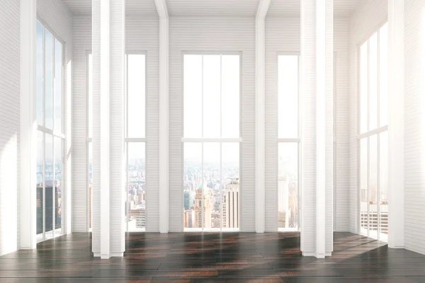 Sala de design moderno loft ensolarado com vista para a cidade — Fotografia de Stock