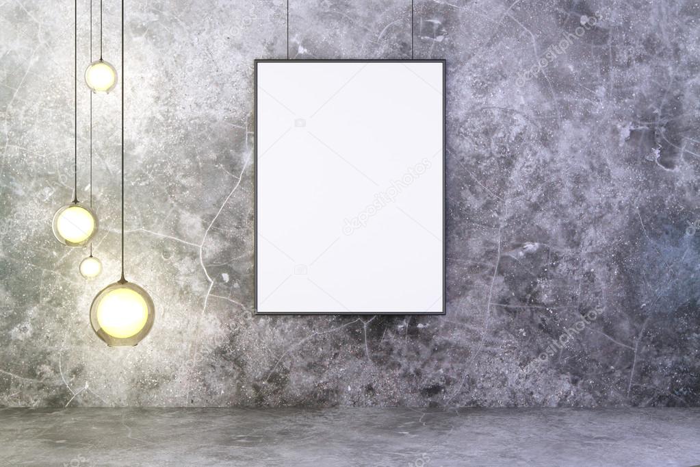 Blank picture frame with lightbulbs on concrete wall, mock up