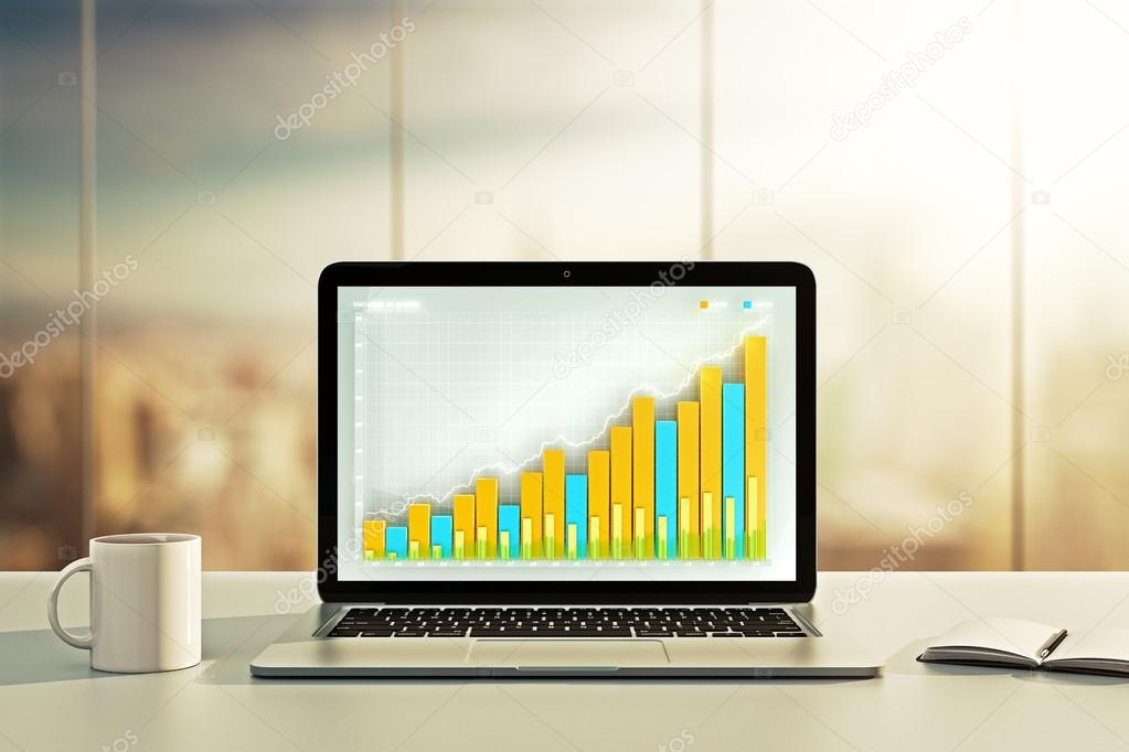 Business graph on laptop screen with coffee mug and diary on the