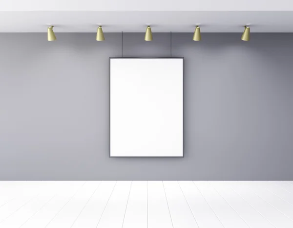在空旷的房间里灯和白色木制 fl 空白图片框 — 图库照片