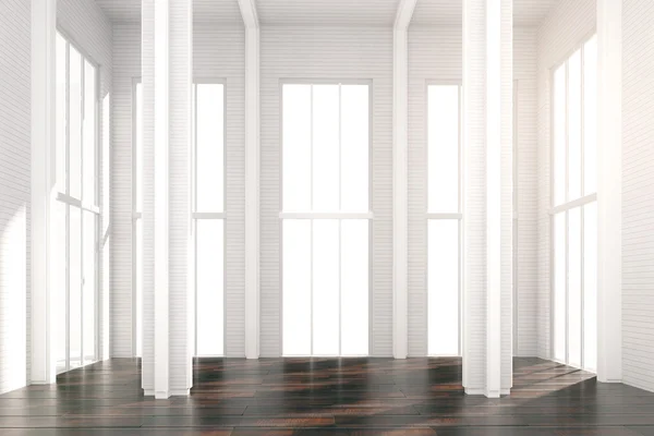 Kahverengi ahşap zemin ile beyaz güneşli loft Oda — Stok fotoğraf