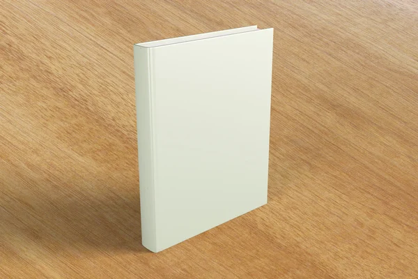 Tom omslaget till en bok på ett träbord, håna upp — Stockfoto