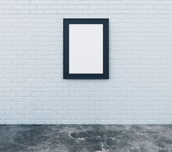 Blank picture frame on brick wall with concrete floor in empty room, mock up