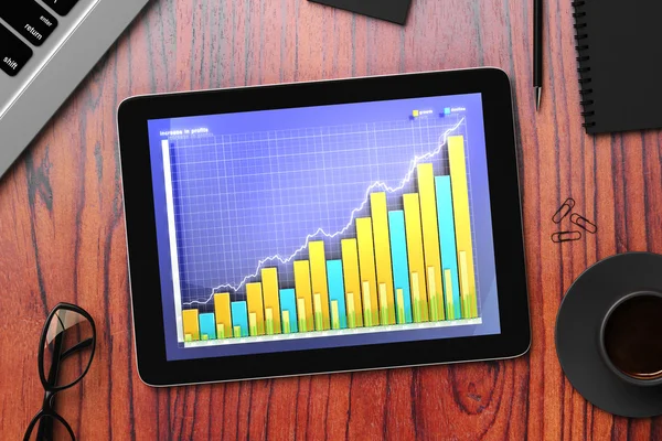 Gráfico de negócios na tela de tablet digital com óculos, café mu — Fotografia de Stock