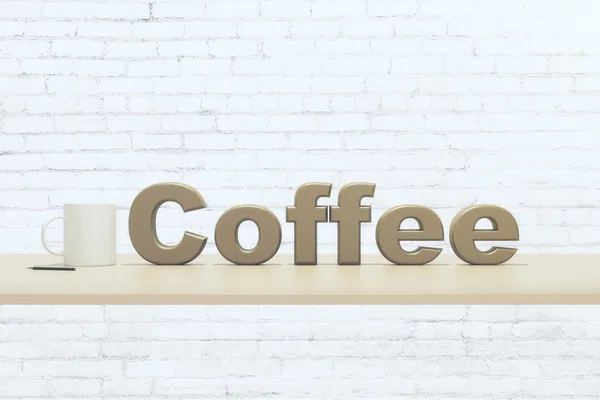 Filiżankę kawy a kawa słowo na drewnianym stole — Zdjęcie stockowe