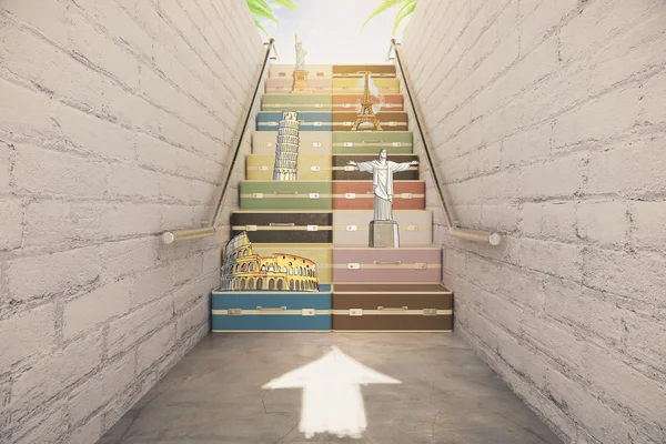 Merdiven konseptiyle seyahat bavul ve yerler — Stok fotoğraf
