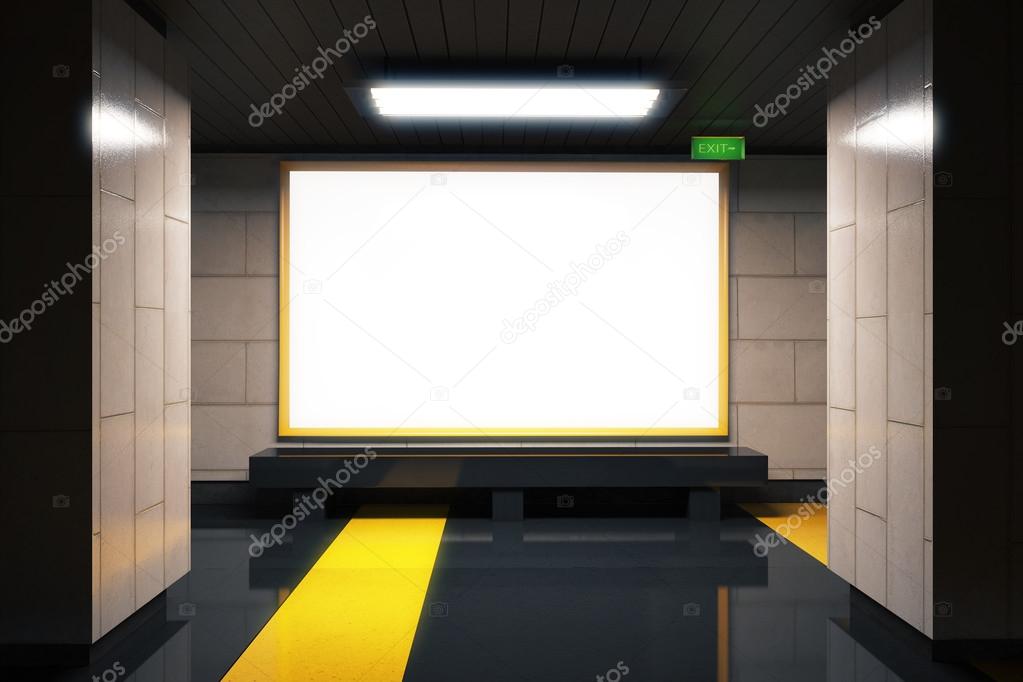 Blank white billboard in subway with yellow lines, mock up