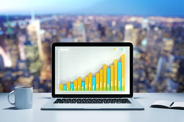Zakelijke grafiek met koffiemok en dagboek op de tafel in stad vi — Stockfoto
