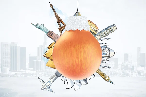 Julgran bollen med berömda resa landmärken — Stockfoto