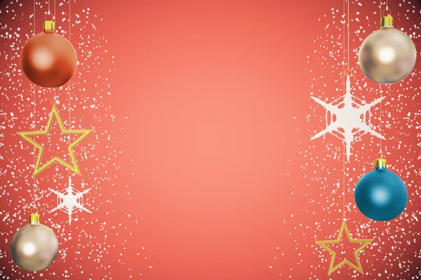 Christmas tree balls with golden stars at red background — Stock Photo, Image