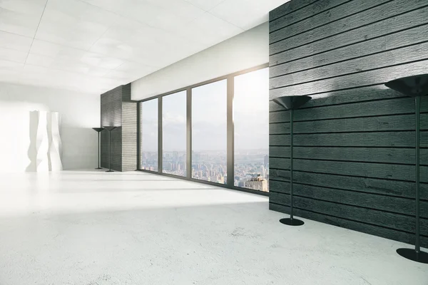 Sala de estilo loft vazio com janelas no chão, piso branco e cit — Fotografia de Stock