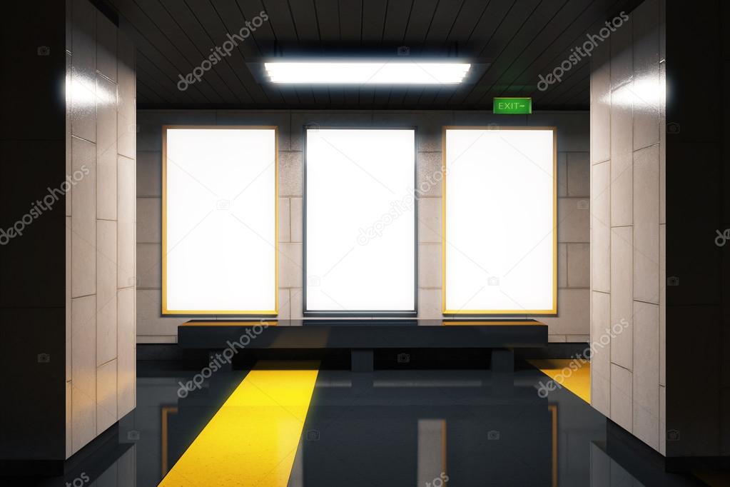 Blank white billboards in empty subway hall, mock up