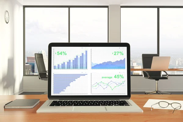 Business diagram på laptop skärm, dagbok och glasögon på trä — Stockfoto