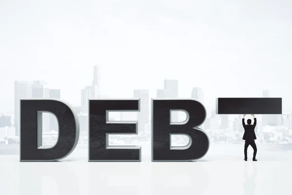 Koncept dluhu s podnikatel a dluhů nápis v městě backg — Stock fotografie