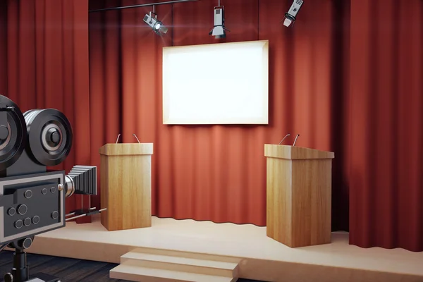 Cartel blanco en blanco en la sala de conferencias con tribuna y c vintage — Foto de Stock