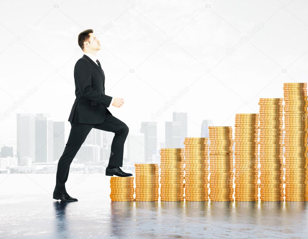 Businessman climbs the stairs of the coins at city background