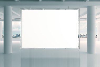 Blank white banner in modern empty open space office with big wi