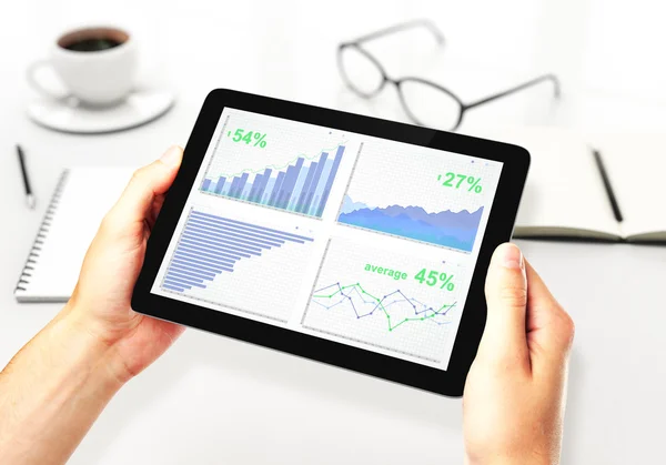 Man händerna med digital tablet med business diagram, kaffekopp en — Stockfoto