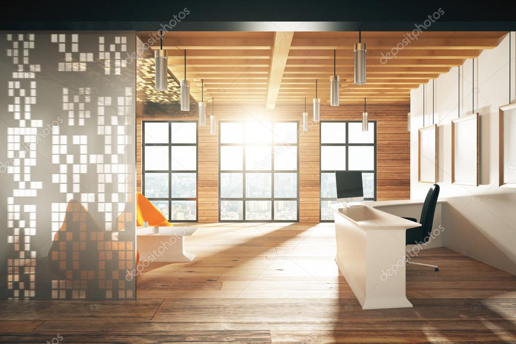 Modern sunny wood style reception hall with big windows