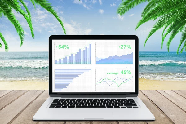Ділова діаграма на екрані ноутбука на дерев'яній лавці на океанічному пляжі б — стокове фото