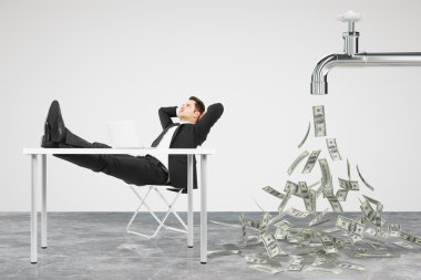 Businessman resting on a chair and faucet from which the money f clipart