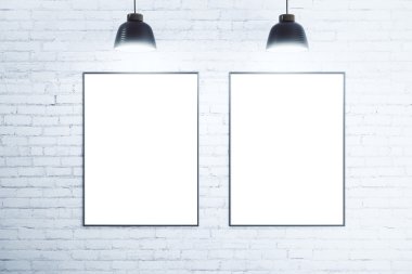 White brick wall with blank white posters, mock up clipart