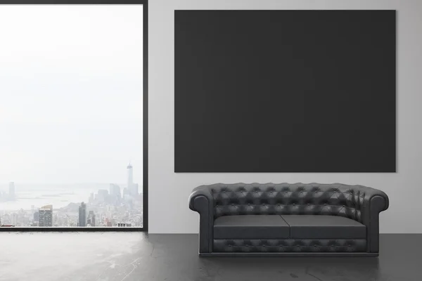 Cartaz preto em branco na parede na sala de loft com couro preto s — Fotografia de Stock
