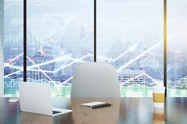 Double exposure with modern desk and business charts — Stock Photo, Image