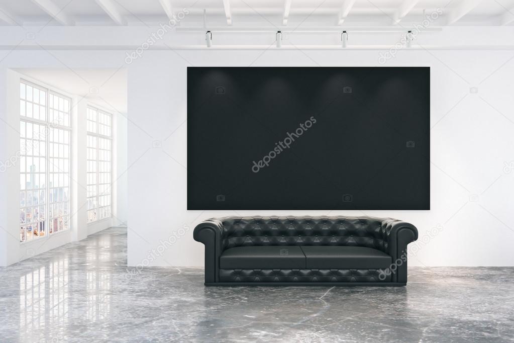 Blank black poster on white wall in empty loft room with black l