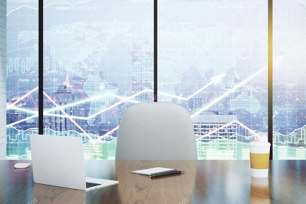 Double exposure with modern desk and business charts