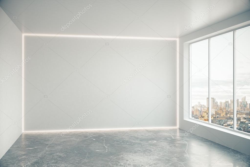 Blank white wall illuminated the interior with window, mock up