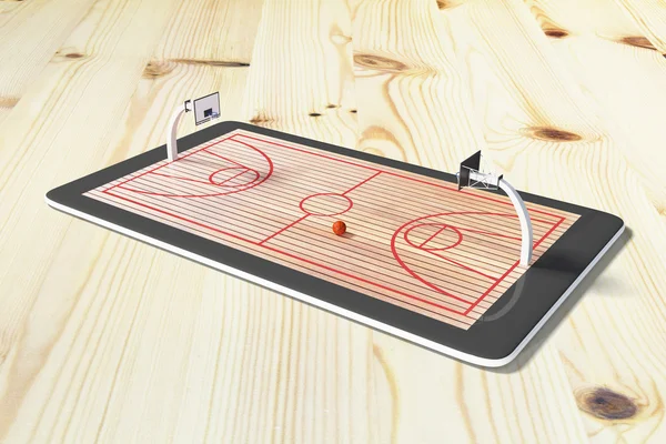 Concepto de juego en línea con tableta digital en mesa de madera y tomar el sol —  Fotos de Stock