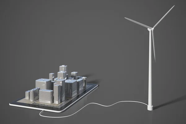 Концепція зеленої енергії зі смартфоном з 3D будівлями та вітровою енергією — стокове фото