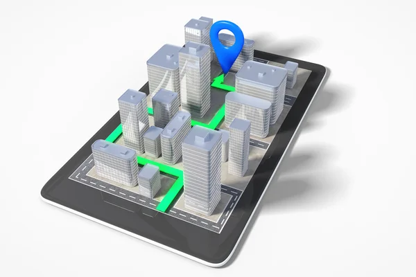 Staden navigering koncept med mobiltelefon med 3d byggnader och pa — Stockfoto