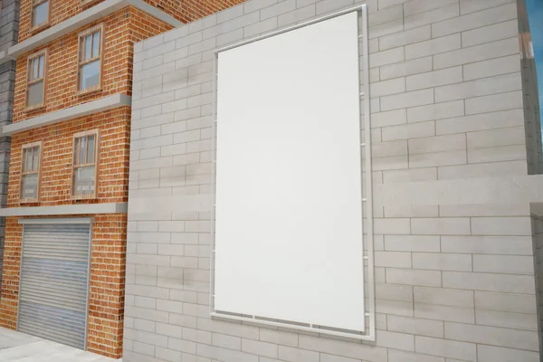 Cartel blanco en blanco en la pared de ladrillo gris en la calle de la ciudad, simulacro u —  Fotos de Stock