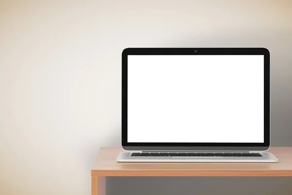 Pantalla portátil en blanco en la mesa de madera en el fondo de la pared, se burlan de —  Fotos de Stock