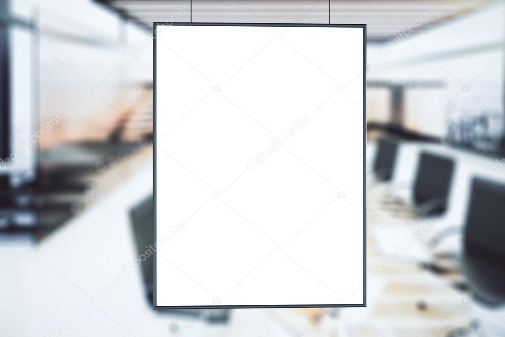 Blank white picture frame at conference room background, mock up
