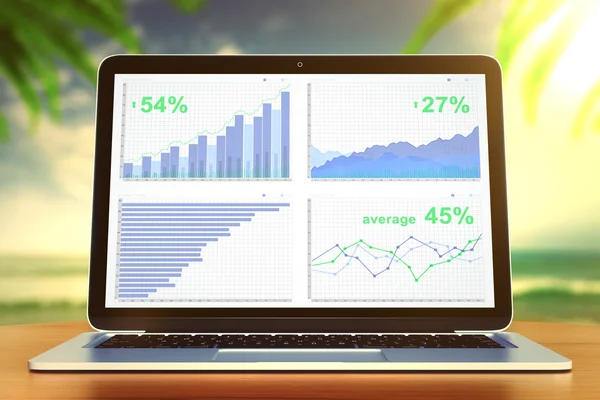 海の backgro で木製テーブルの上のノート パソコンの画面の上にビジネス グラフ — ストック写真