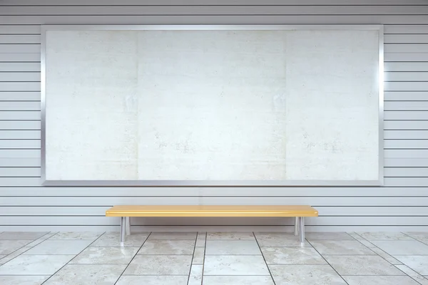Blank billboard on the wall and wooden bench in empty hall, mock up — Stock Photo, Image