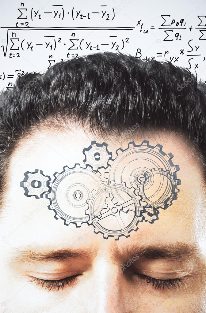 Thinking process concept with gears on man forehead at equations