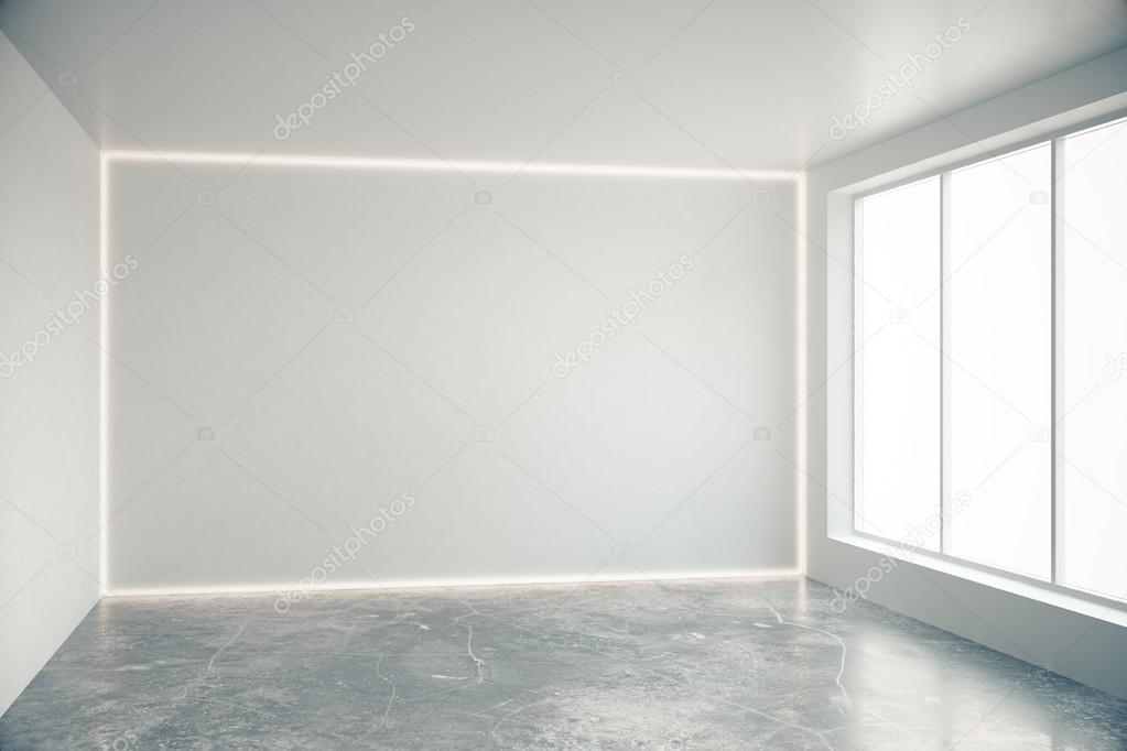 Blank grey wall in empty room with big windows and concrete floo