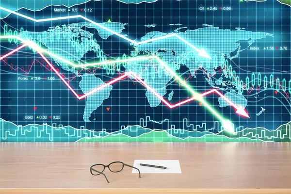 Brille und Papier auf Holztisch bei Business Graph mit arro — Stockfoto