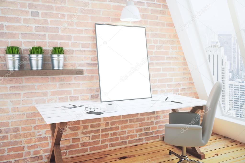 Blank white poster on white wooden table in loft room with brick