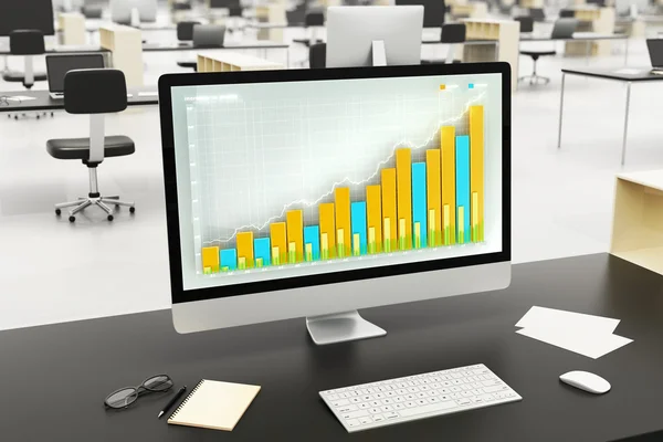 Tela do computador com um gráfico financeiro crescente na mesa — Fotografia de Stock