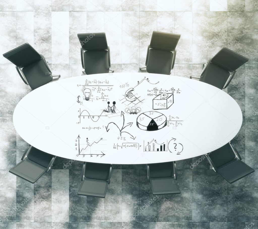 Painted business scheme on oval white conference table with blac