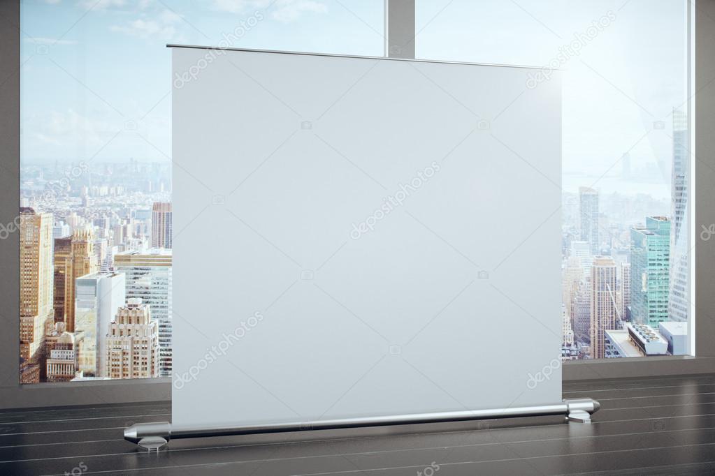 Big blank advertising banner in a room with large windows, mock 