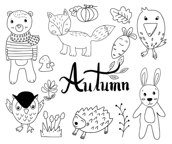 Set Animali Stile Cartoon Doodle Autunno Linea Disegnata Mano Illustrazione — Vettoriale Stock